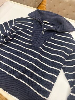 Z Supply Navy and White Striped Half-Zip Sweater